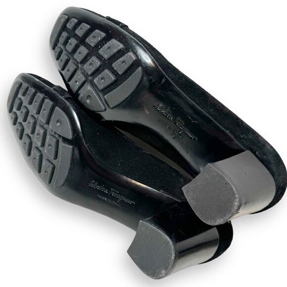 Salvatore Ferragamo Black Suede Square Toe Gold Logo Metal Block Heel Shoes, 9B - Picture 7 of 9